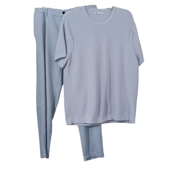 ZARA Textured Knit 2 Piece Set Pants Short Sleeve Top Size L Stretch Blue Purple - Picture 1 of 14